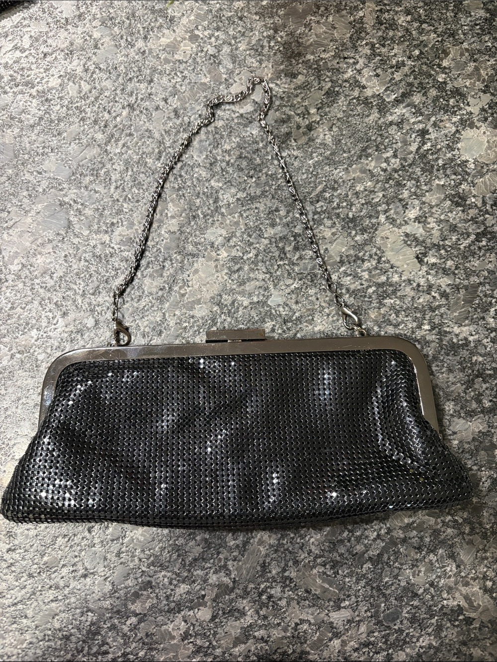 Vintage Metallic Black Mesh Evening Clutch with Chain Strap